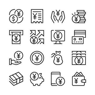 日元线图标设置。现代平面设计。细线的概念。简单的线性轮廓元素集合。矢量线的图标