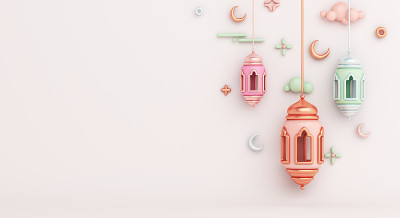 伊斯兰装饰背景与灯笼和新月卡通风格，斋月kareem, mawlid，开斋饭，isra miraj,