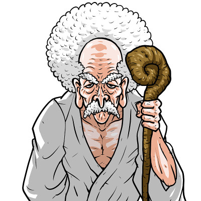 穿着白色和服的老人拿着手杖