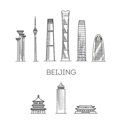 北京，中国，建筑线条天际线插图。线性矢量城市景观与著名的地标