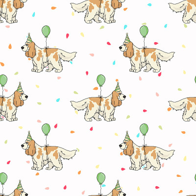 手绘可爱可卡犬与派对帽品种无缝矢量图案。纯种血统庆祝背景。爱狗人士英国狩猎宠物全印。狗狗。每股收益1