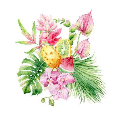 水彩花束，热带水果，鲜花和棕榈叶。