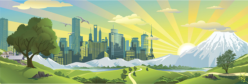 全景。景观-早晨到现代城市。
