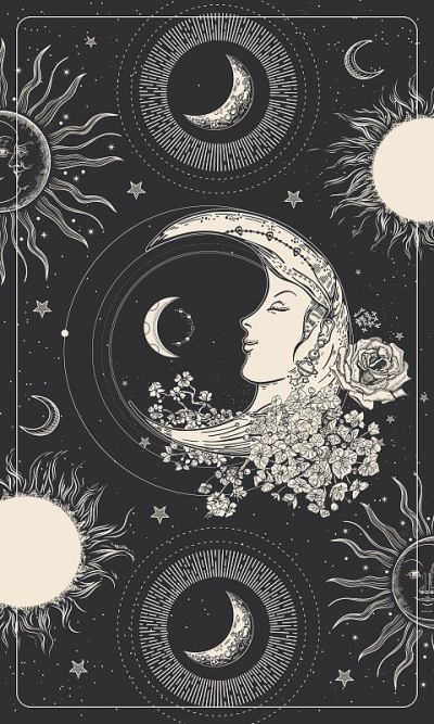 画有月亮、星星、太阳和花朵的脸。塔罗牌，占星术插图。