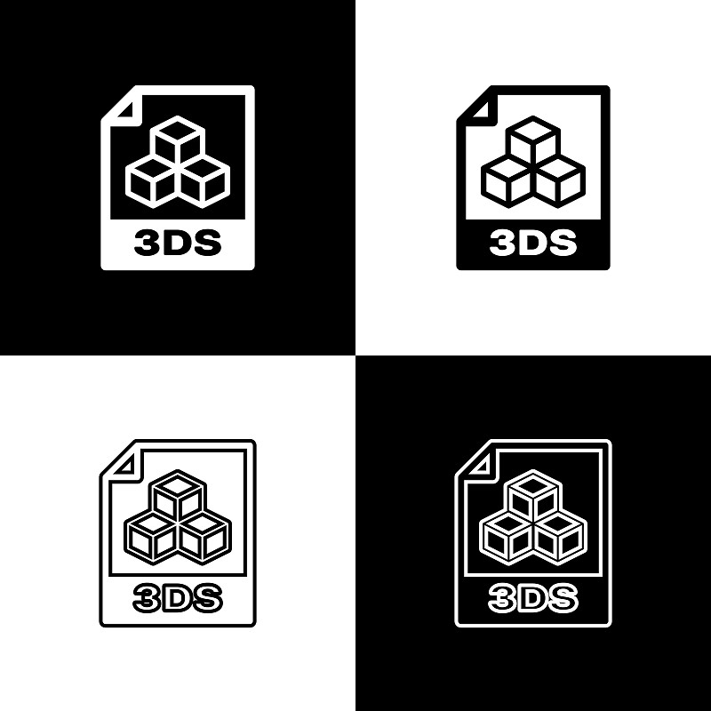 设置3DS文件文件图标。下载3ds按钮图标孤立的黑白背景。3 ds文件的象征。矢量图