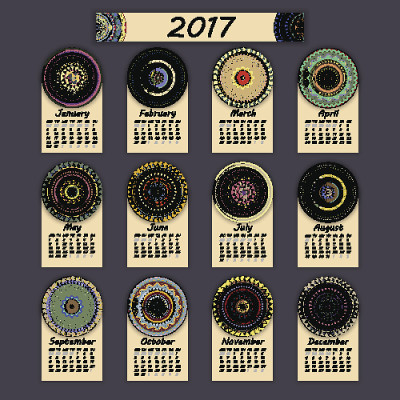 2017年日历。复古装饰色彩元素。