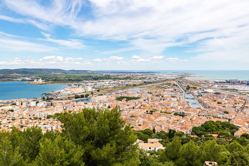 从圣克莱尔山(Occitanie，法国)的高处俯瞰Sète城，Etang de Thau和地中海