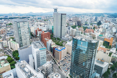 日本仙台城市天际线鸟瞰图