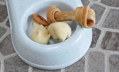 狗小吃碗里鸡腿和骨头