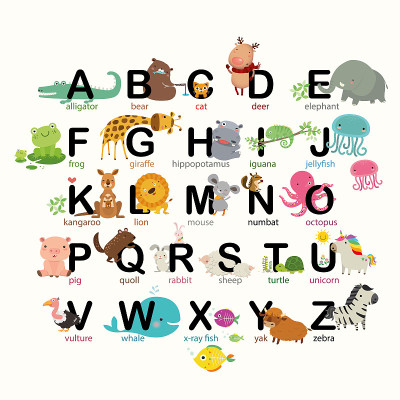 A-Z动物字母表儿童，矢量插图