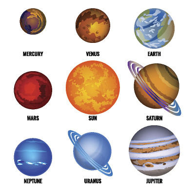 一套太阳系行星与文字卡通矢量插图