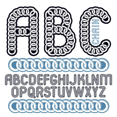矢量类型字体，脚本从a到z。大写装饰字母，abc创建使用铬链，链接。