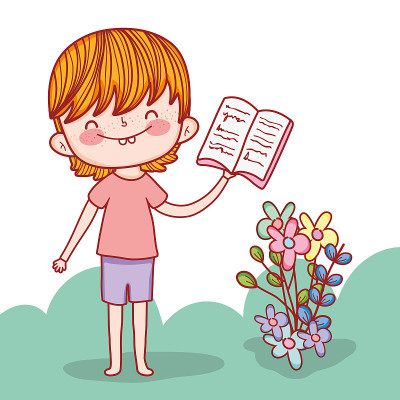 男孩与教育书籍和花卉植物