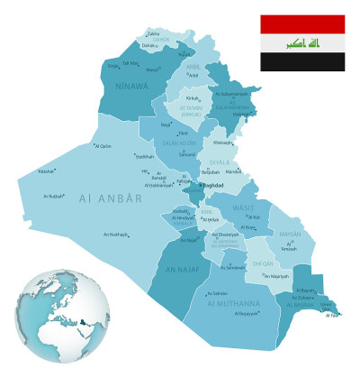 Iraq administrative blue-green map with country fl
