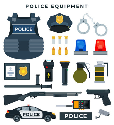 警用专业设备，成套。防弹衣、警徽、武器、子弹、手铐、手电筒、手提收音机、警车等元素。矢量插图。