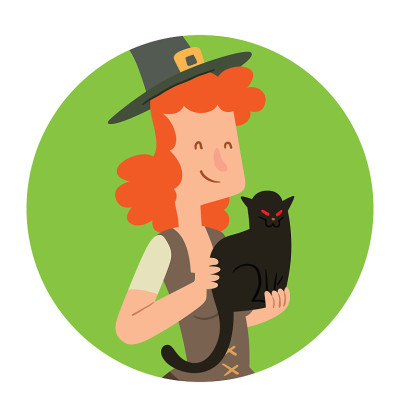 圆框，有趣的女巫和一只黑猫