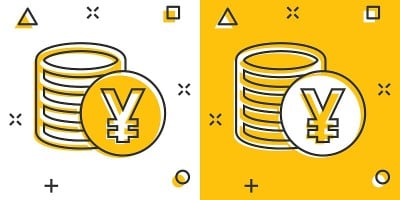 矢量卡通日元，元币漫画风格的货币图标。日元硬币概念插图象形图。亚洲资金业务的飞溅效应概念。