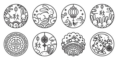 中秋线矢量插图集。月饼圆的形状