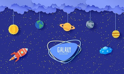 剪纸风格的太阳系模型。卡通行星，红色的多边形火箭和折纸UFO。三维矢量背景与飞碟在星空。儿童纸工艺品