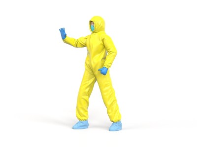 身着黄色防护服的医生举手示意停止