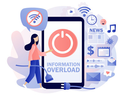 排毒的信息。信息过载。小女孩为了保护自己不受信息和新闻的影响，关掉了智能手机。数字排毒。现代平面卡通