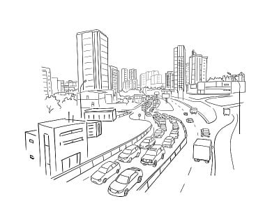 街道、道路的观点。城市的草图。交通堵塞。高速公路,运输。建筑建筑景观全景。手绘黑线。