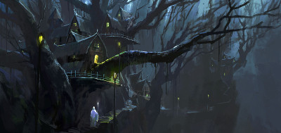 魔术师在神奇的树屋之间行走，数码绘画。