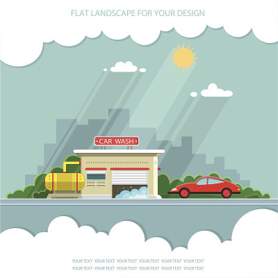 以城市为背景的汽车。平面向量插图