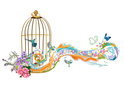 抽象的音乐设计与高音谱号和彩色飞溅，鸟，蝴蝶，音符和波浪。