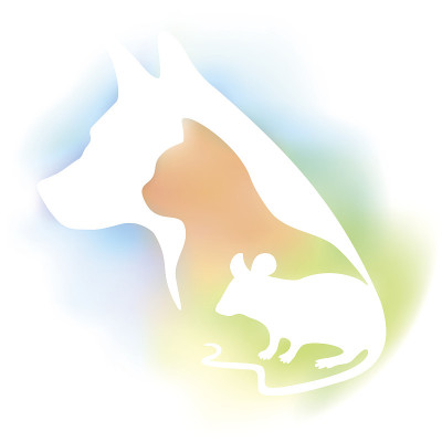 兽医诊所和宠物店的彩色标志。矢量狗，猫和老鼠剪影在一个多色的背景。