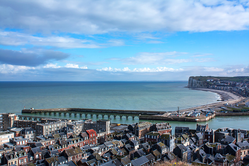 Treport。从露台眺望海滨的全景。Seine-Maritime。诺曼底