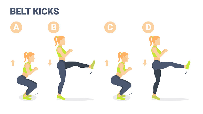 腰带踢女性在家锻炼指导。女孩做下蹲和踢腿动作