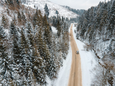 鸟瞰图的汽车在雪山道路上