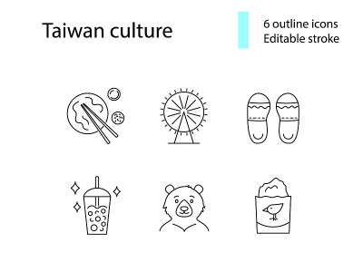 台湾文化轮廓图标集。摩天轮。台湾拖鞋。可编辑的中风。分离矢量图例