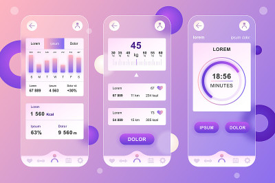 健身健身neumorphic元素工具包的移动应用程序。体重图，卡路里跟踪，运动活动，计时器。UI, 