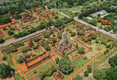 鸟瞰图大城府，Wat ratchabrana，空在冠状病毒期间，在Phra Nakhon Si大城府