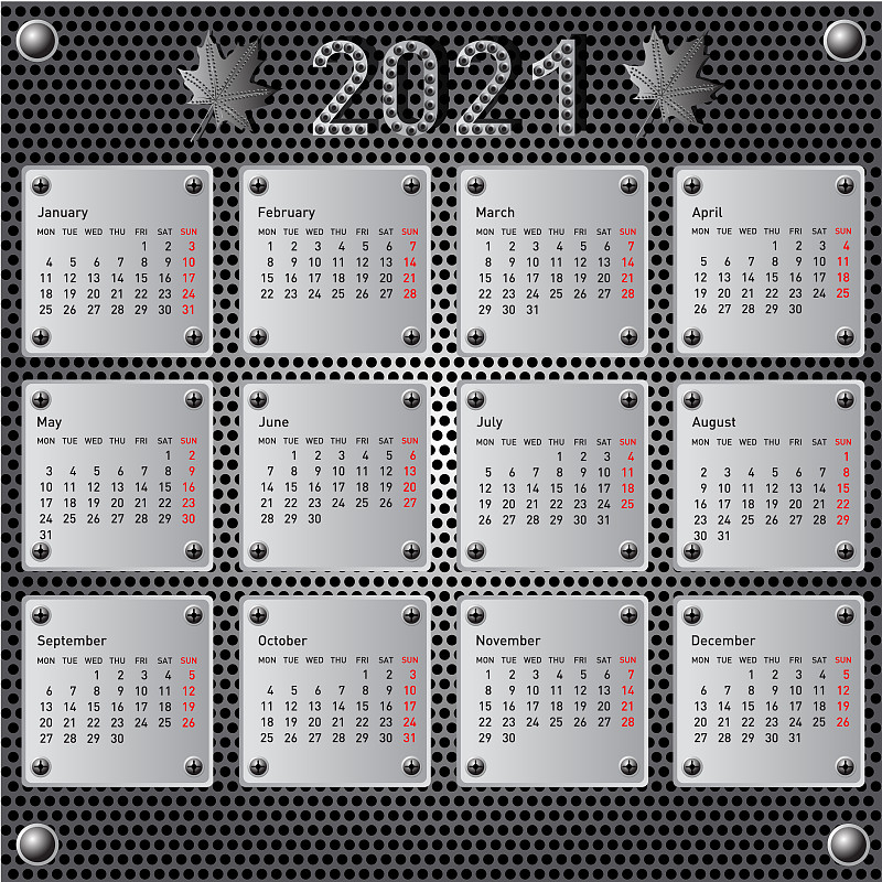 Stylish calendar with metallic effect for 2021