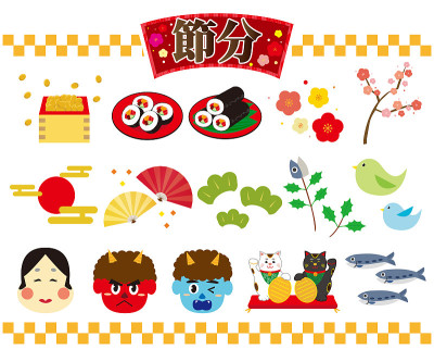 节务节是日本的传统节日，是日本冬天结束的节日。一套框架，图标和矢量插图。