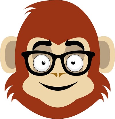 矢量表情插图卡通猴子的头，带着愉快的表情，戴着眼镜