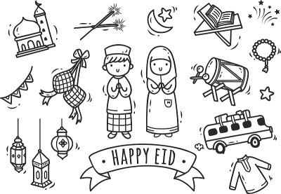 Eid mubarak或idul fitri涂鸦元素