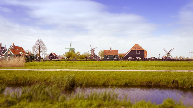 Zaanse Schans的风车和乡村房屋。Tilt-shift效应