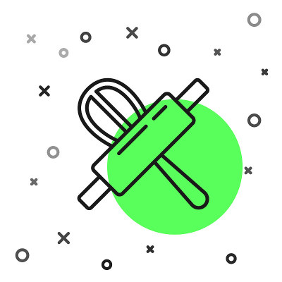 Black line Kitchen whisk and rolling pin icon isol