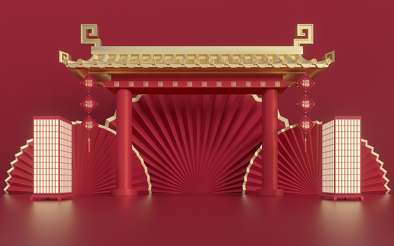 空旷的营销舞台，中式风格，3d渲染。