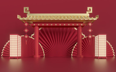 空旷的营销舞台，中式风格，3d渲染。