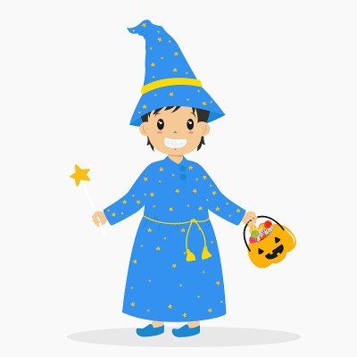 男孩穿着万圣节巫师服装卡通向量