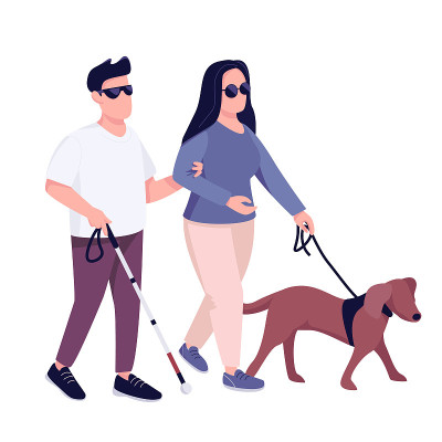 盲男女用导盲犬平色矢量无脸性格。一对有视力问题的年轻夫妇一起行走孤立的卡通插图为网页平面设计和动画