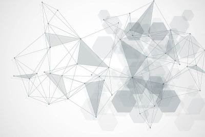 科学网络格局，连接线与点。技术六边形结构或分子连接元件。