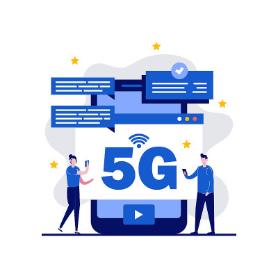 5G网络具有无线互联网技术的特点。高速移动互联网连接现代商业。现代平面风格的登陆页，移动应用程序，信