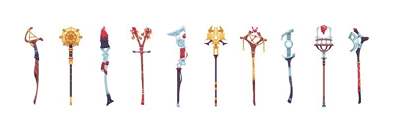 魔法杖。巫师手杖和魔杖。古董权杖武器与装饰水晶。神奇的木制和金属手杖。巫师和萨满工具。向量术士服装元