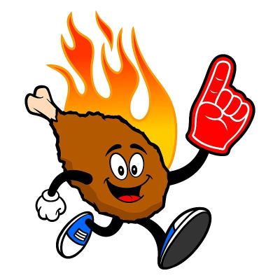 Hot Wing Mascot running with Foam Hand